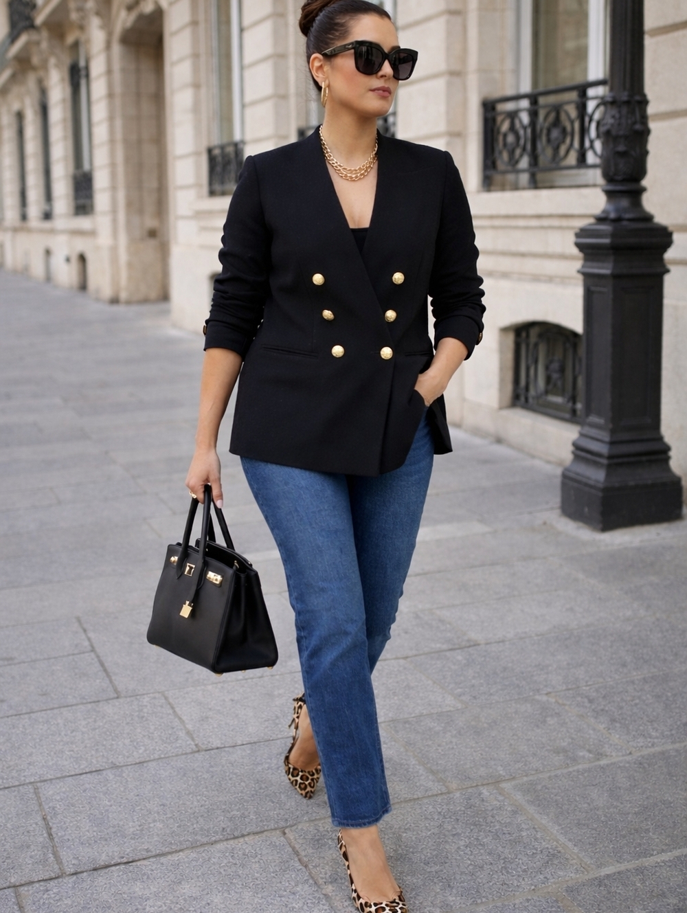 Chic Black Double Breasted Blazer Gold Buttons Structured Career Jacket Size XL